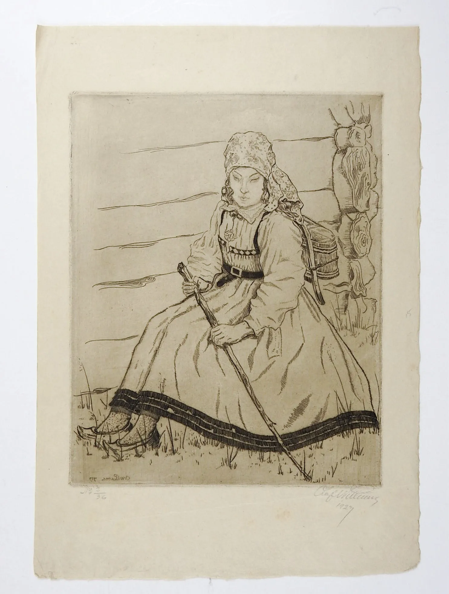 Norwegian Girl Etching by Olof Abrahamsen Willums