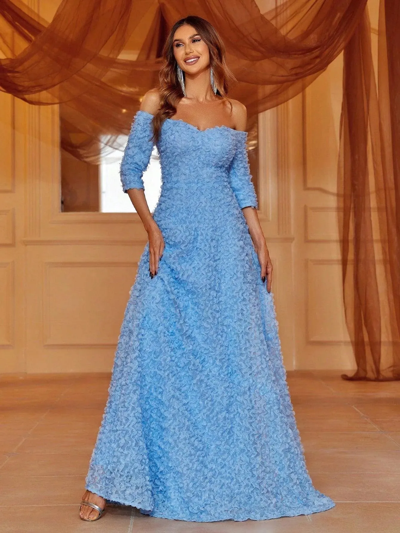 Off-Shoulder Blue Textured Evening Dress