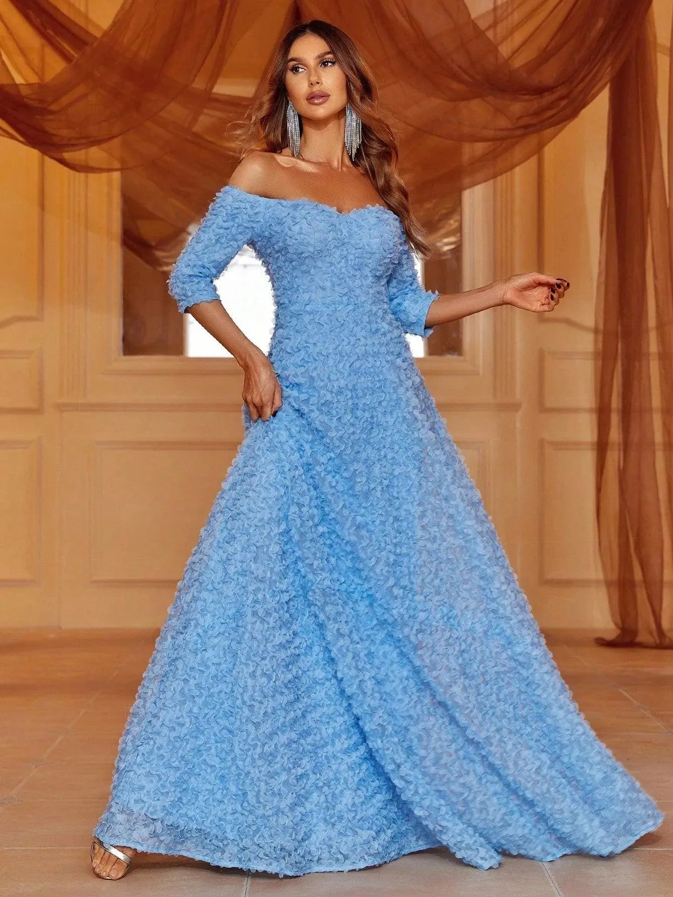 Off-Shoulder Blue Textured Evening Dress