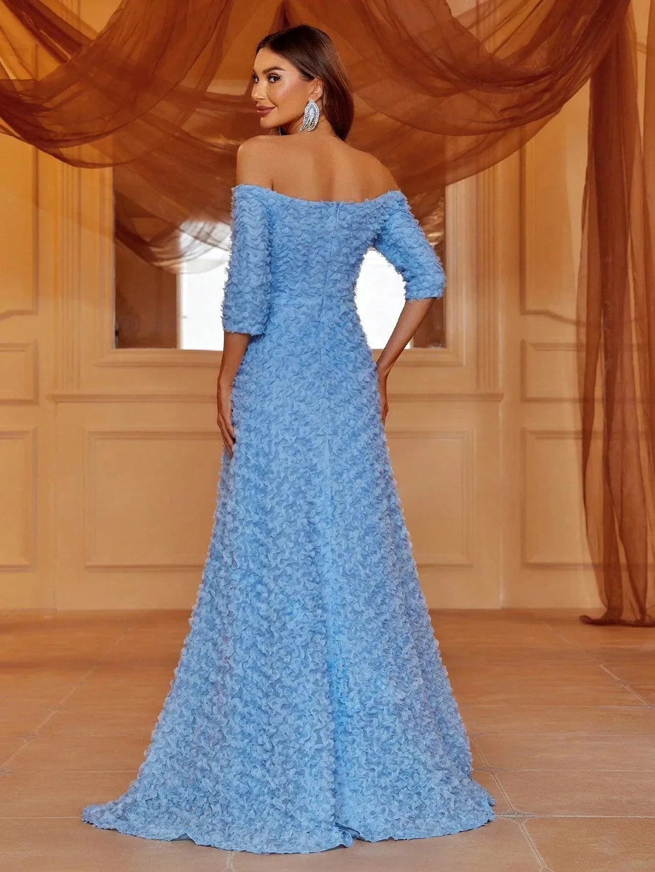 Off-Shoulder Blue Textured Evening Dress