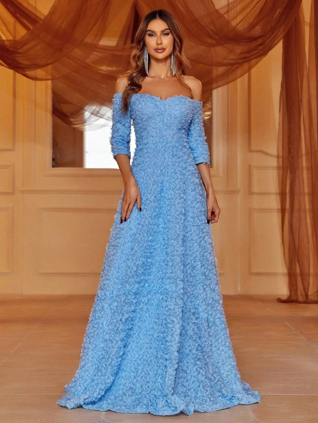 Off-Shoulder Blue Textured Evening Dress