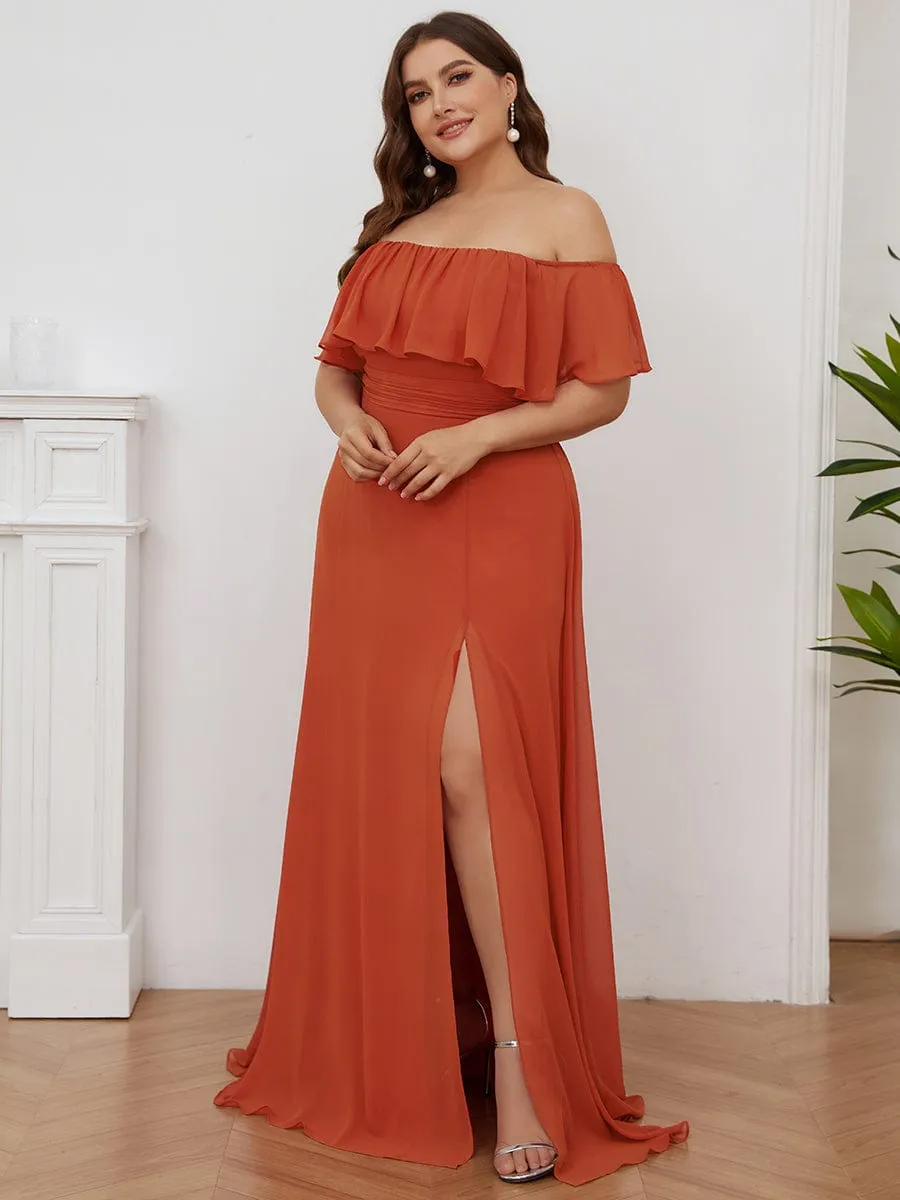 Off the Shoulder Ruffle Bodice Long Flowy Chiffon Bridesmaid Dress