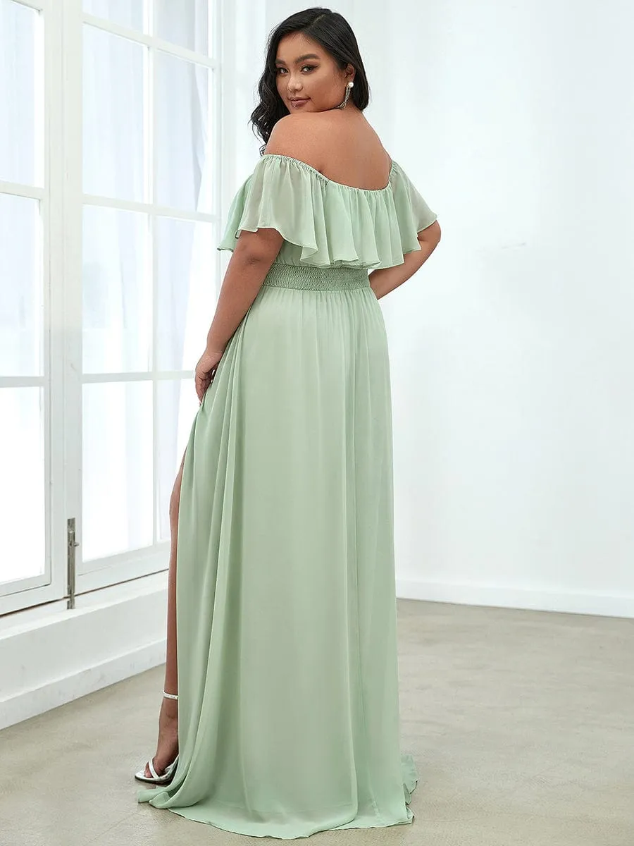 Off the Shoulder Ruffle Bodice Long Flowy Chiffon Bridesmaid Dress