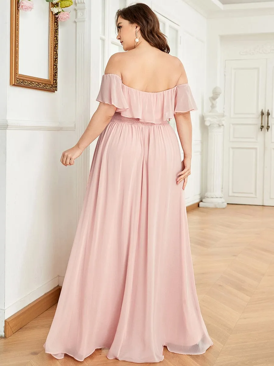 Off the Shoulder Ruffle Bodice Long Flowy Chiffon Bridesmaid Dress