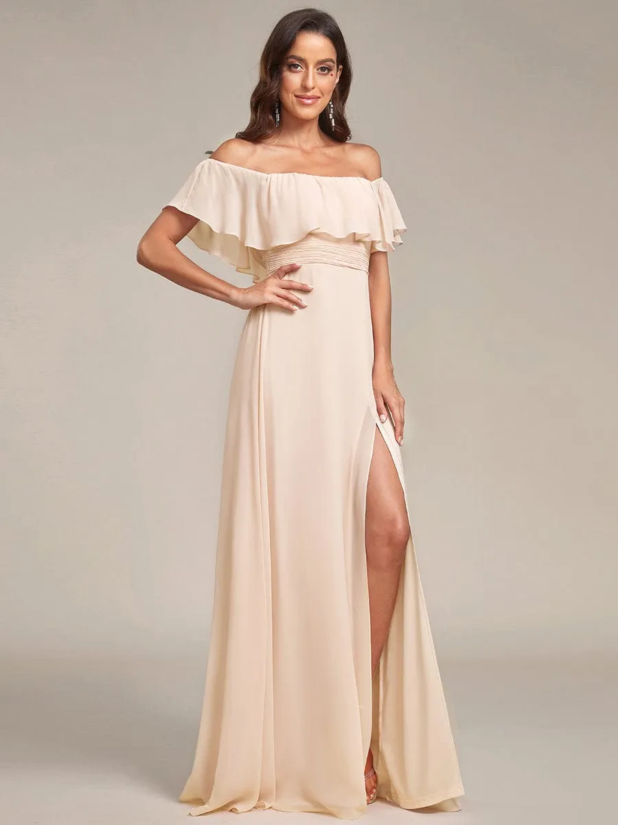 Off the Shoulder Ruffle Bodice Long Flowy Chiffon Bridesmaid Dress