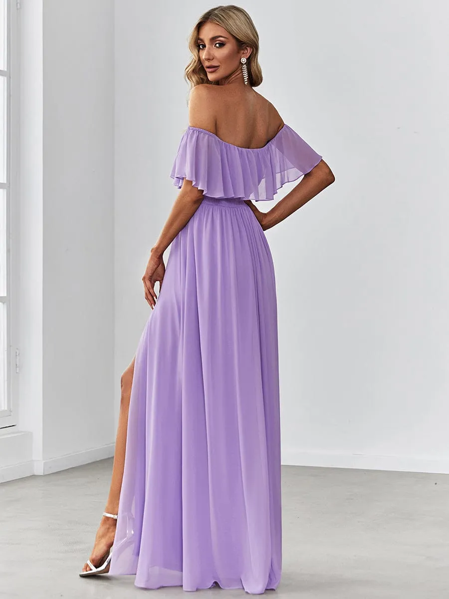 Off the Shoulder Ruffle Bodice Long Flowy Chiffon Bridesmaid Dress