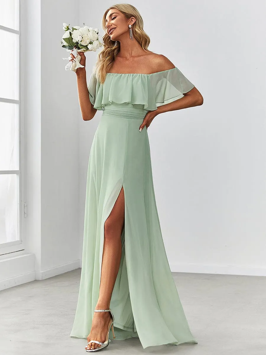 Off the Shoulder Ruffle Bodice Long Flowy Chiffon Bridesmaid Dress