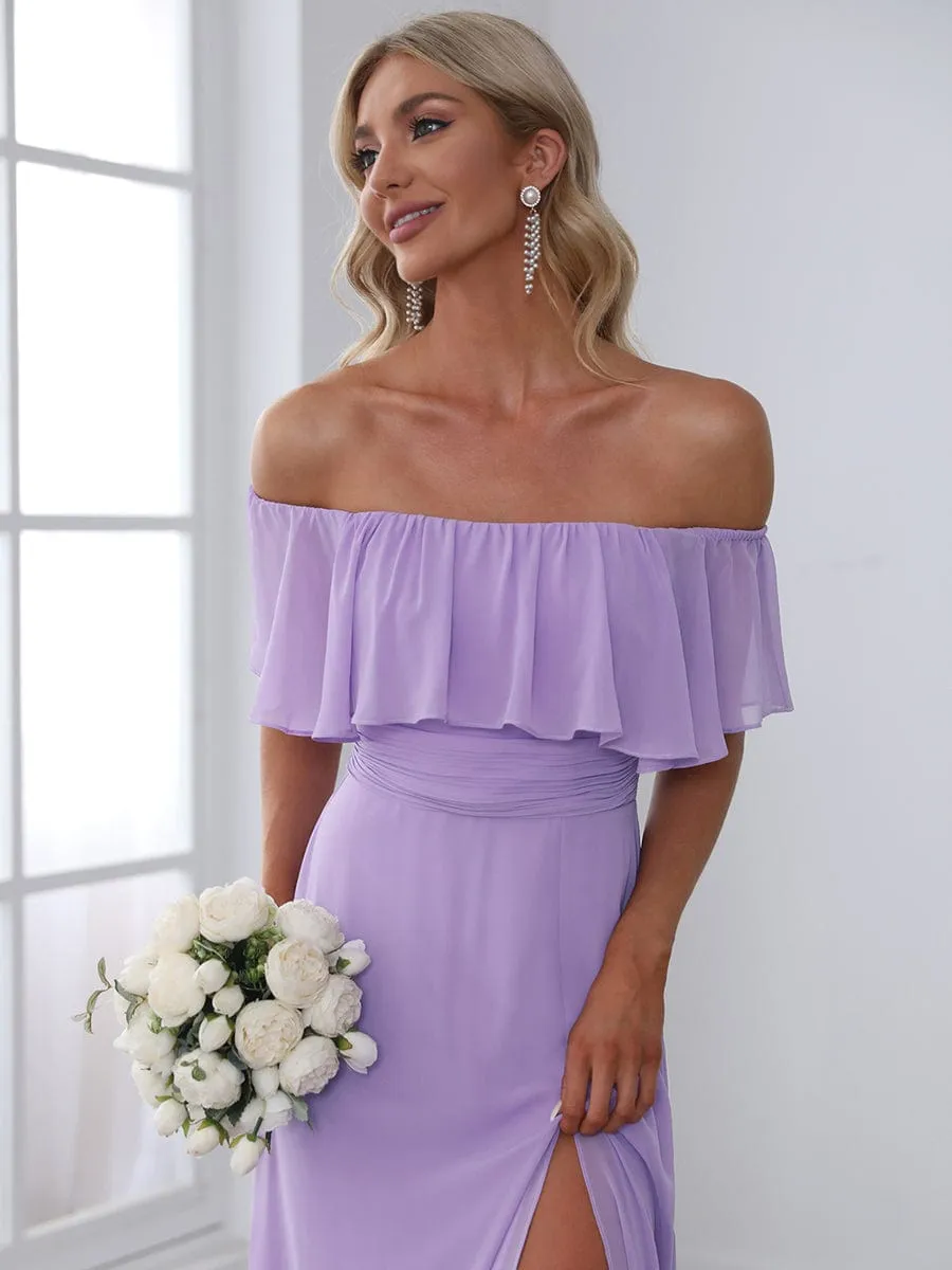 Off the Shoulder Ruffle Bodice Long Flowy Chiffon Bridesmaid Dress