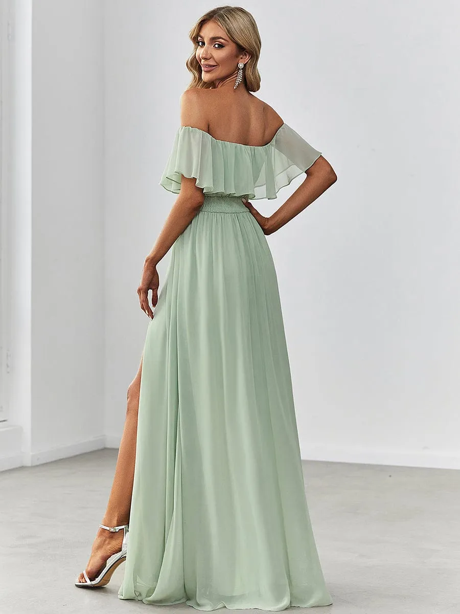 Off the Shoulder Ruffle Bodice Long Flowy Chiffon Bridesmaid Dress