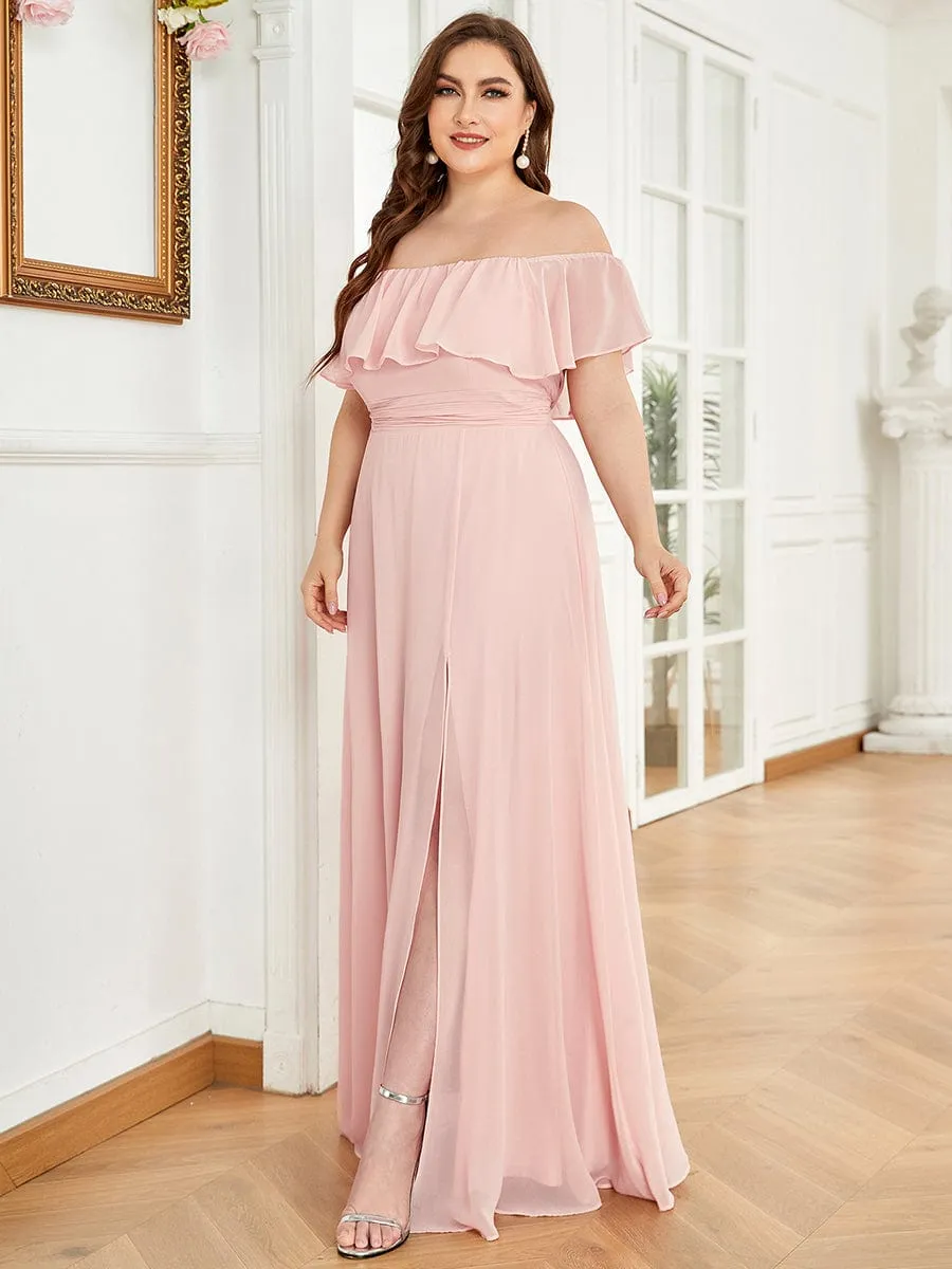 Off the Shoulder Ruffle Bodice Long Flowy Chiffon Bridesmaid Dress