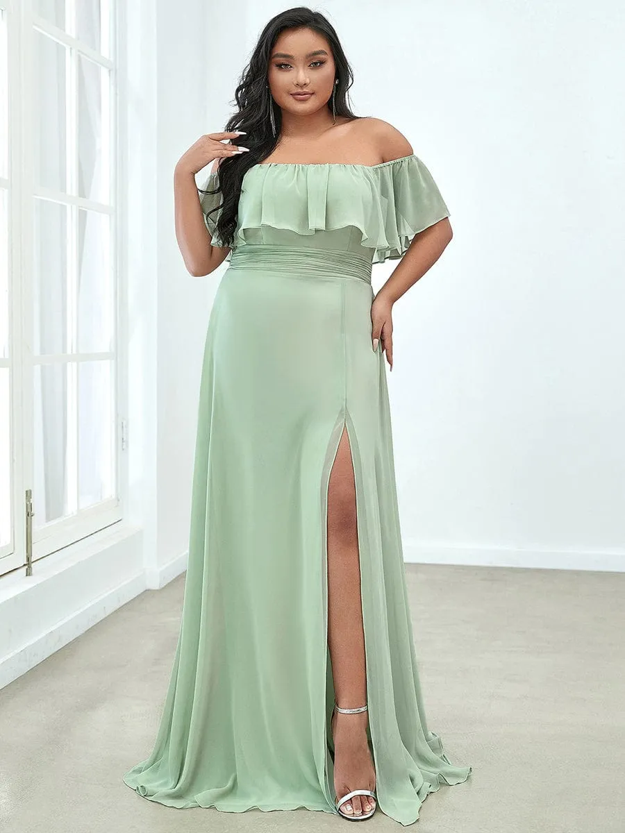 Off the Shoulder Ruffle Bodice Long Flowy Chiffon Bridesmaid Dress