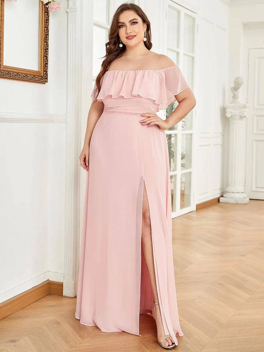 Off the Shoulder Ruffle Bodice Long Flowy Chiffon Bridesmaid Dress