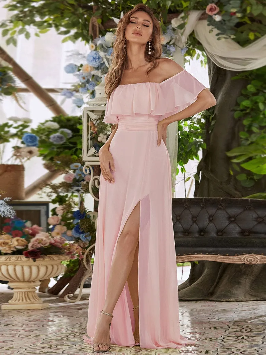 Off the Shoulder Ruffle Bodice Long Flowy Chiffon Bridesmaid Dress