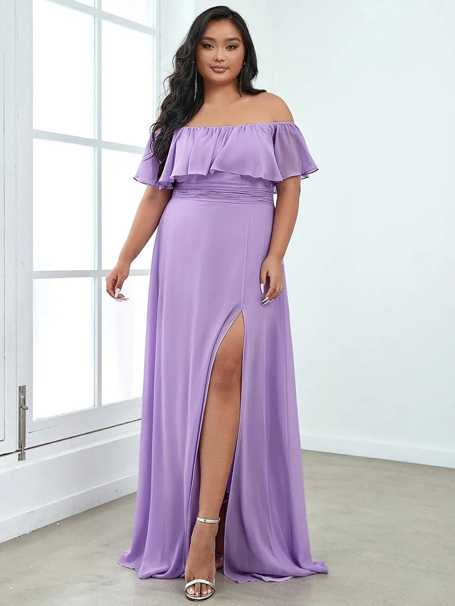 Off the Shoulder Ruffle Bodice Long Flowy Chiffon Bridesmaid Dress