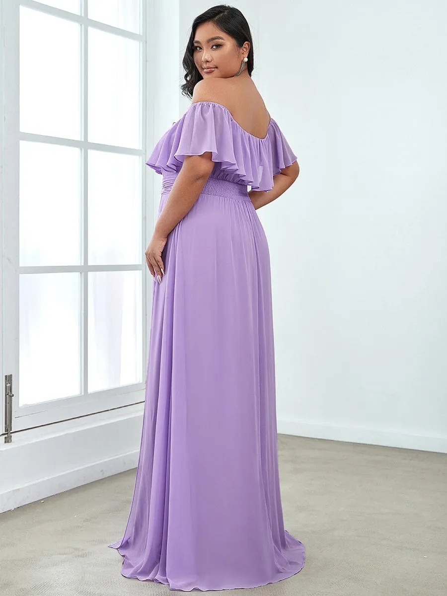 Off the Shoulder Ruffle Bodice Long Flowy Chiffon Bridesmaid Dress