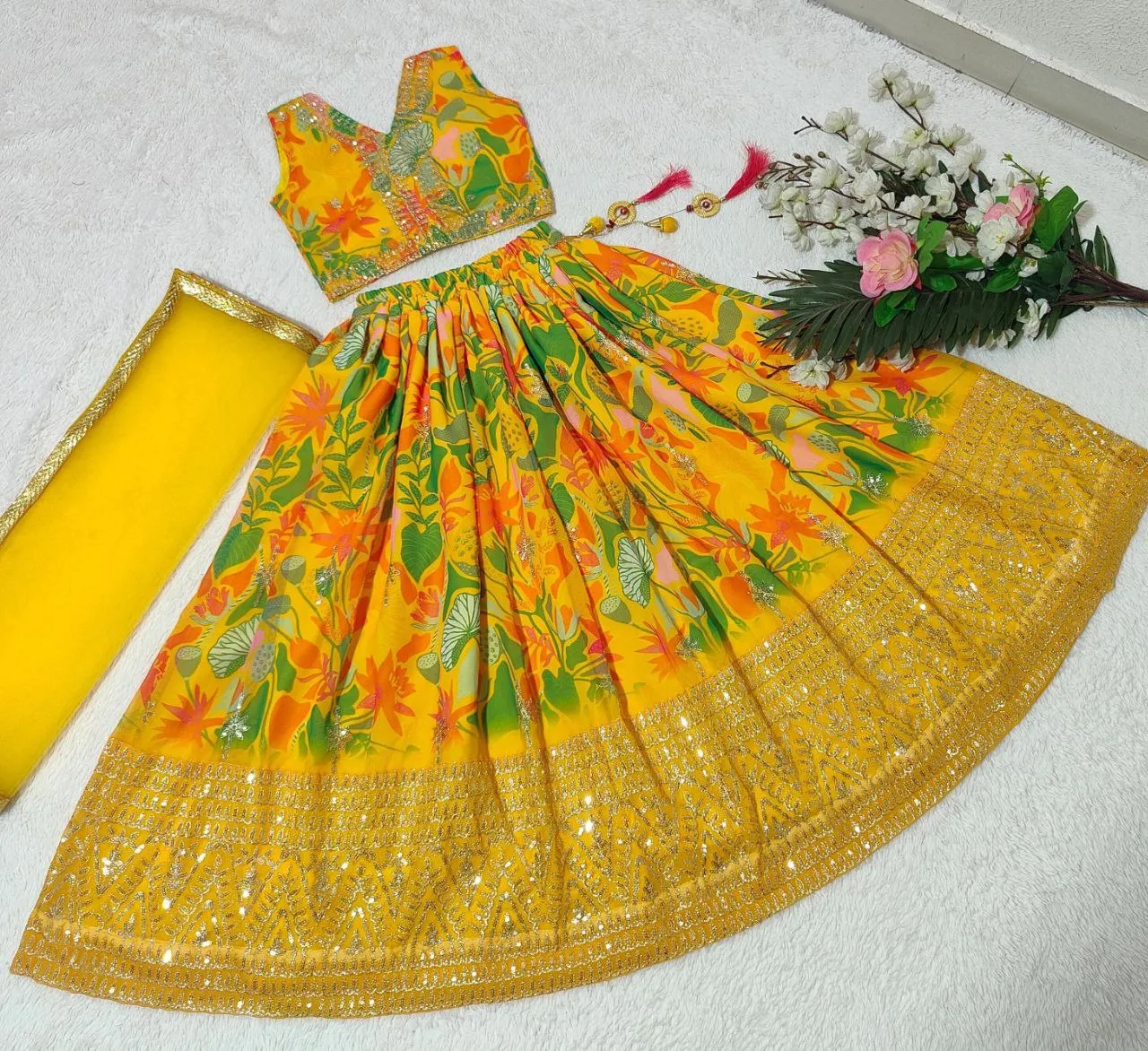 Party wear Sequin Embroidery Kids Girl Lehenga Choli Dupatta Yellow