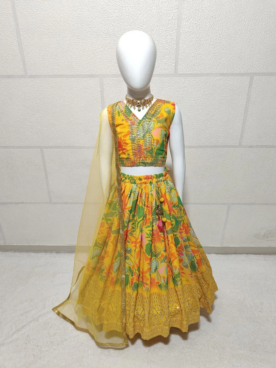 Party wear Sequin Embroidery Kids Girl Lehenga Choli Dupatta Yellow