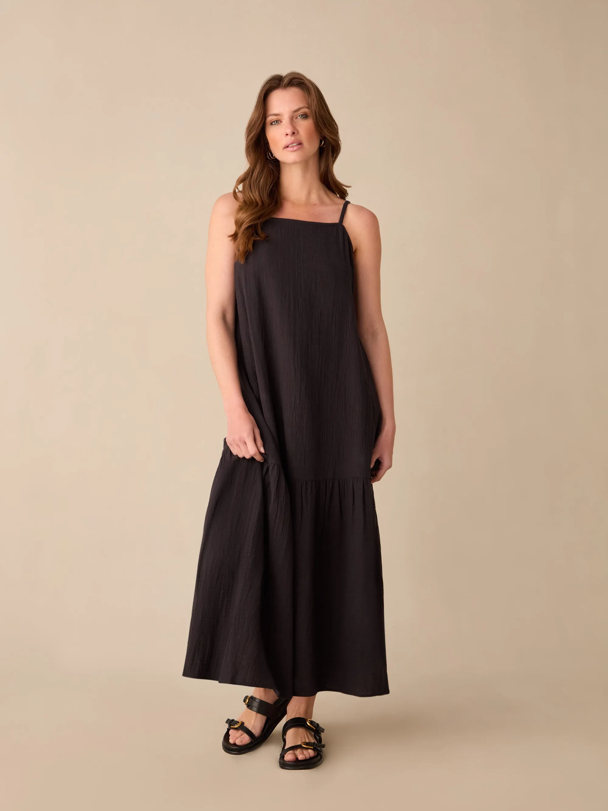 Petite Black Tiered Hem Strappy Cheesecloth Dress