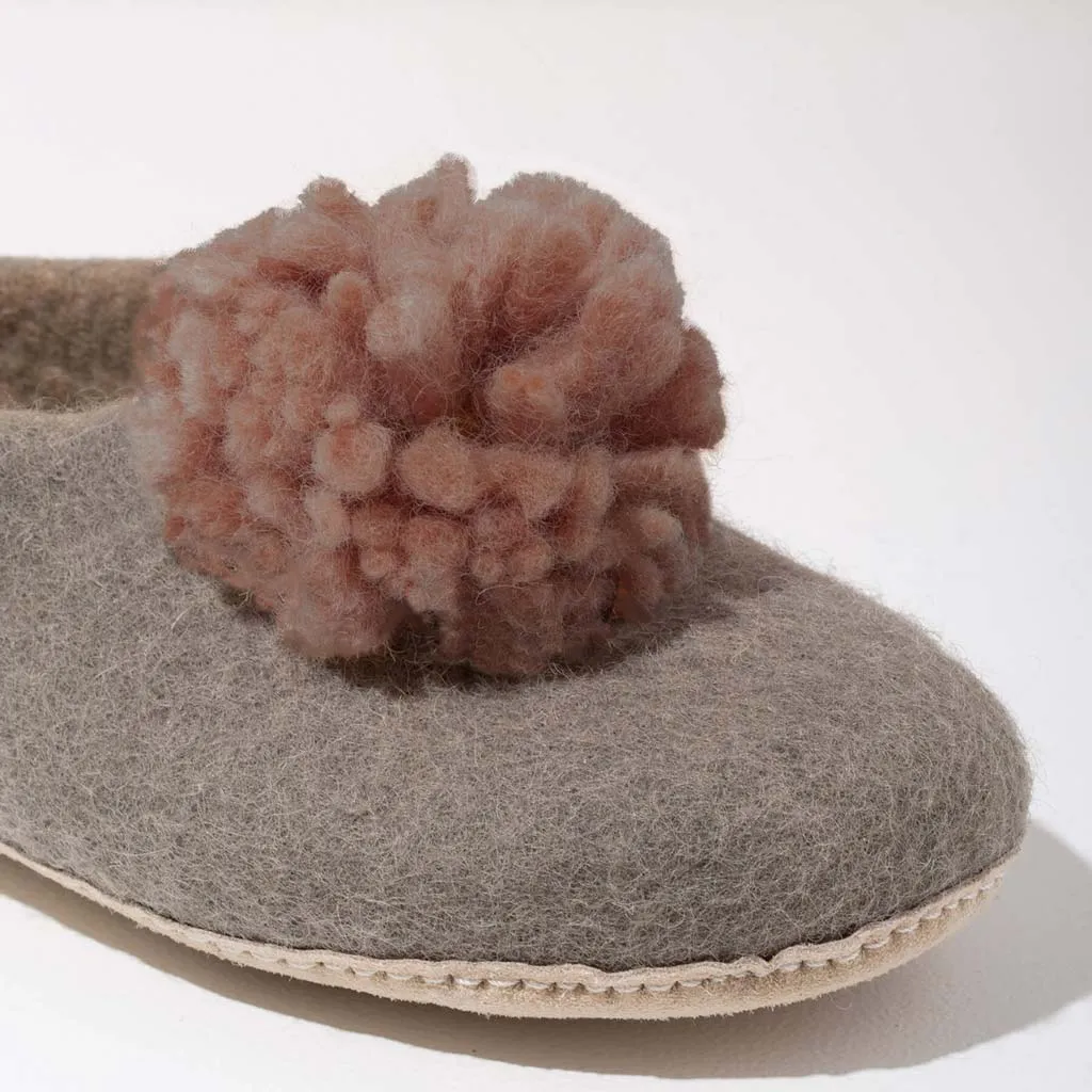 SALE - Pom Pom Felt Slippers - Light Grey   Muted Rose